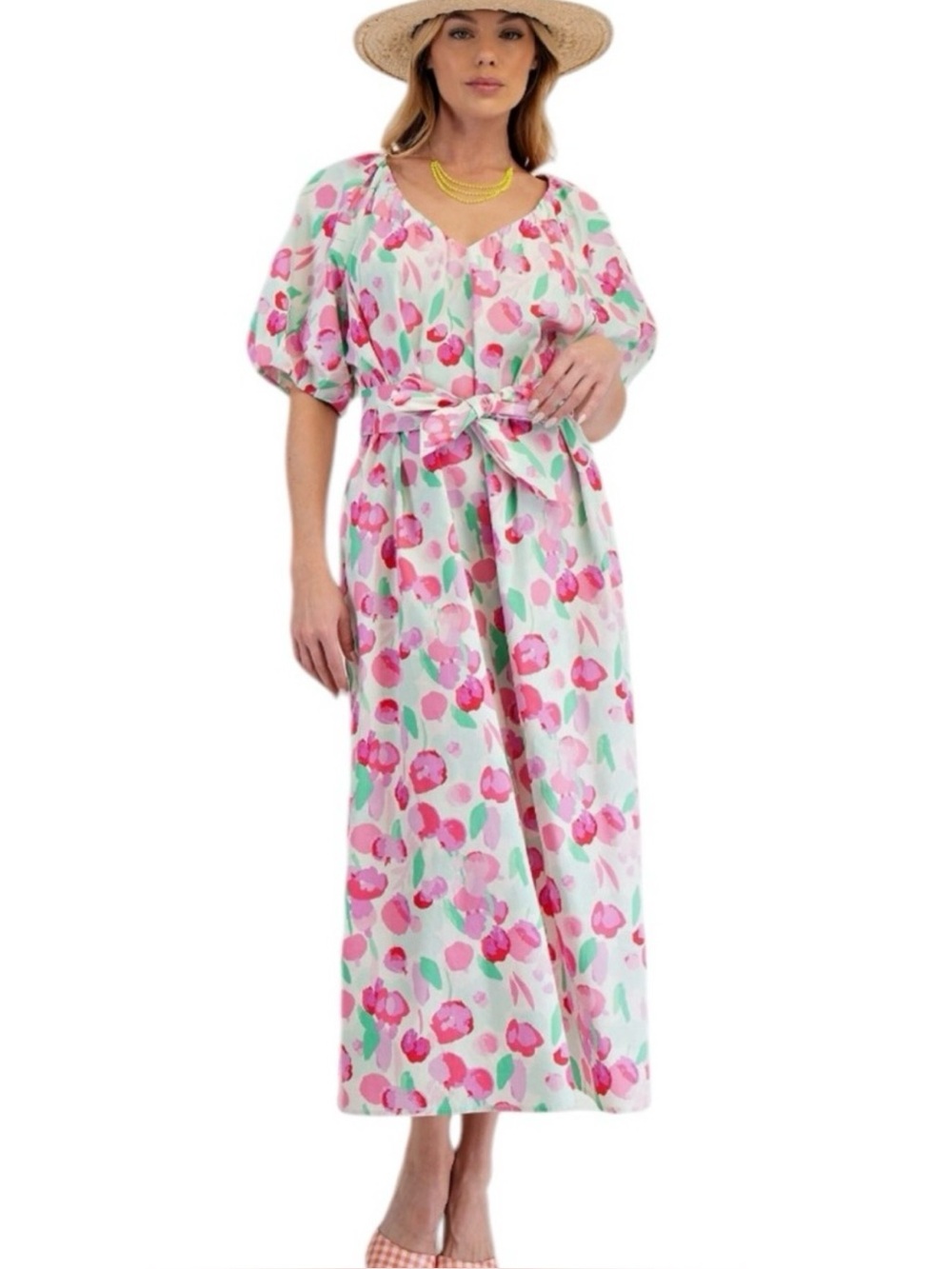 Easel New Blush Mint Shift MIDI Dress with Self-Tie